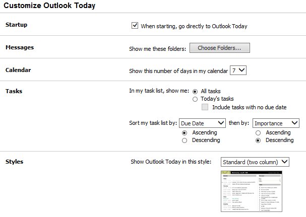 Customize Outlook Today