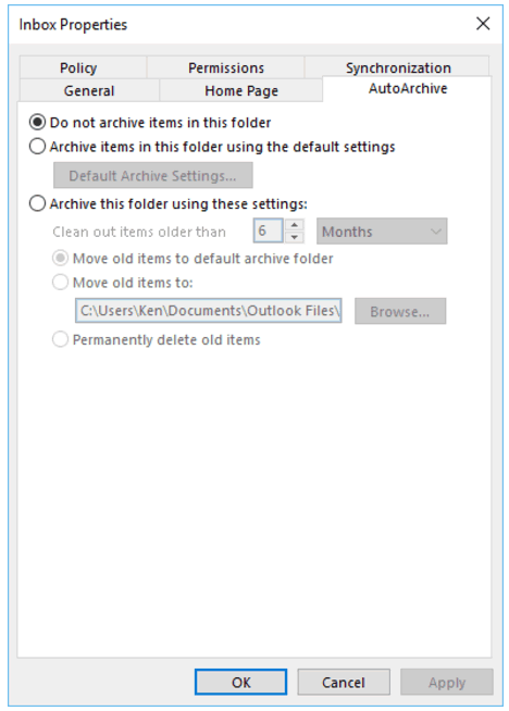 outlook auto archive settings
