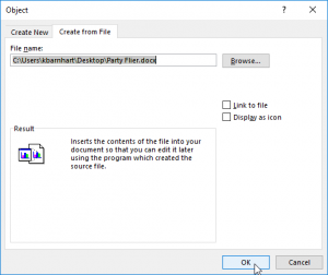 Embedding Documents in Excel - Dialog box